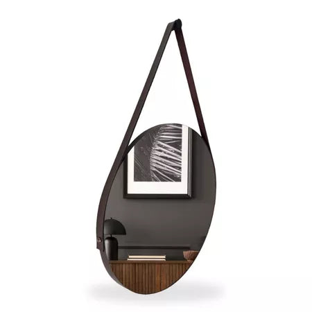 Espelho Moderno Redondo com Alças Couro Sintético - Cazehn