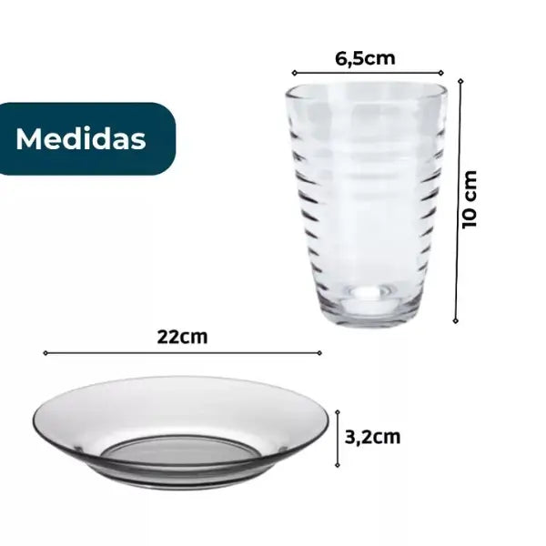 Jogo de Pratos Fundos e Copos de Vidro Arizona 200ml - Cazehn