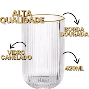 Jogo de 6 Copos Altos 420ml Borda Dourada Vidro Canelado Versalhes - Cazehn