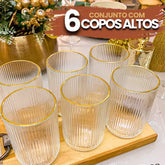 Jogo de 6 Copos Altos 420ml Borda Dourada Vidro Canelado Versalhes - Cazehn