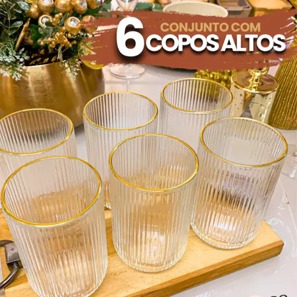 Jogo de 6 Copos Altos 420ml Borda Dourada Vidro Canelado Versalhes - Cazehn