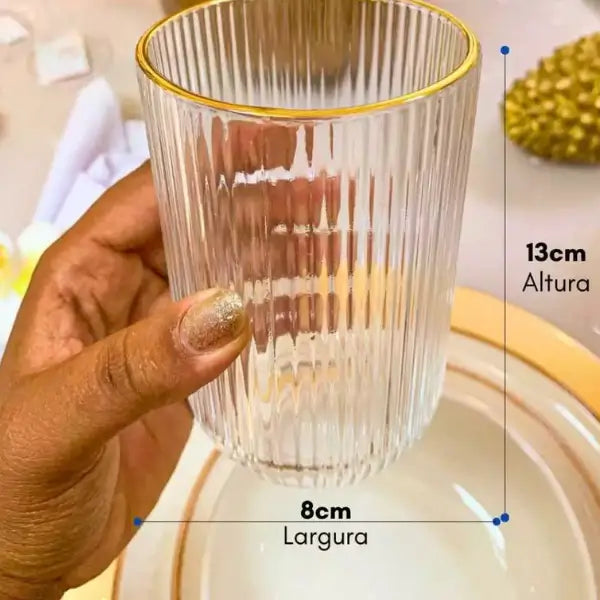 Jogo de 6 Copos Altos 420ml Borda Dourada Vidro Canelado Versalhes - Cazehn