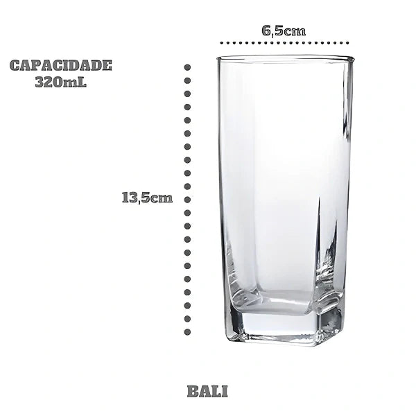 Jogo De 6 Copos Vidro 320ml Bali Quadrado Luxo Transparente - Cazehn